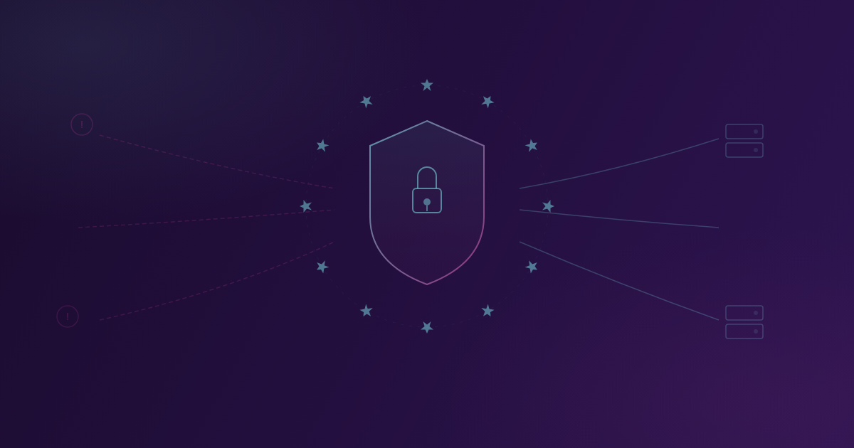 Štit s lokotom okružen EU zvijezdicama koji blokira prijetnje i štiti podatke na serverima