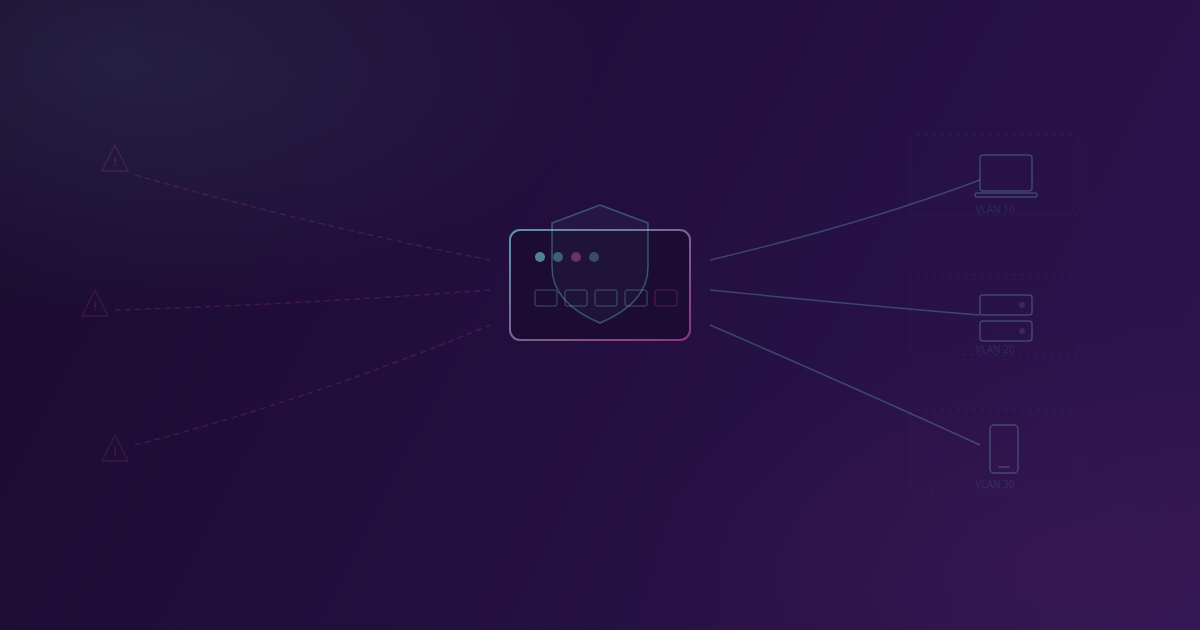 Dijagram mrežne infrastrukture s VLAN segmentacijom i sigurnosnim upozorenjima